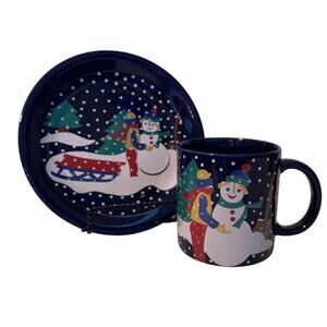 Vintage 1989 Lillian Vernon winter scenes dessert & mug sets, Snowman, set of 2